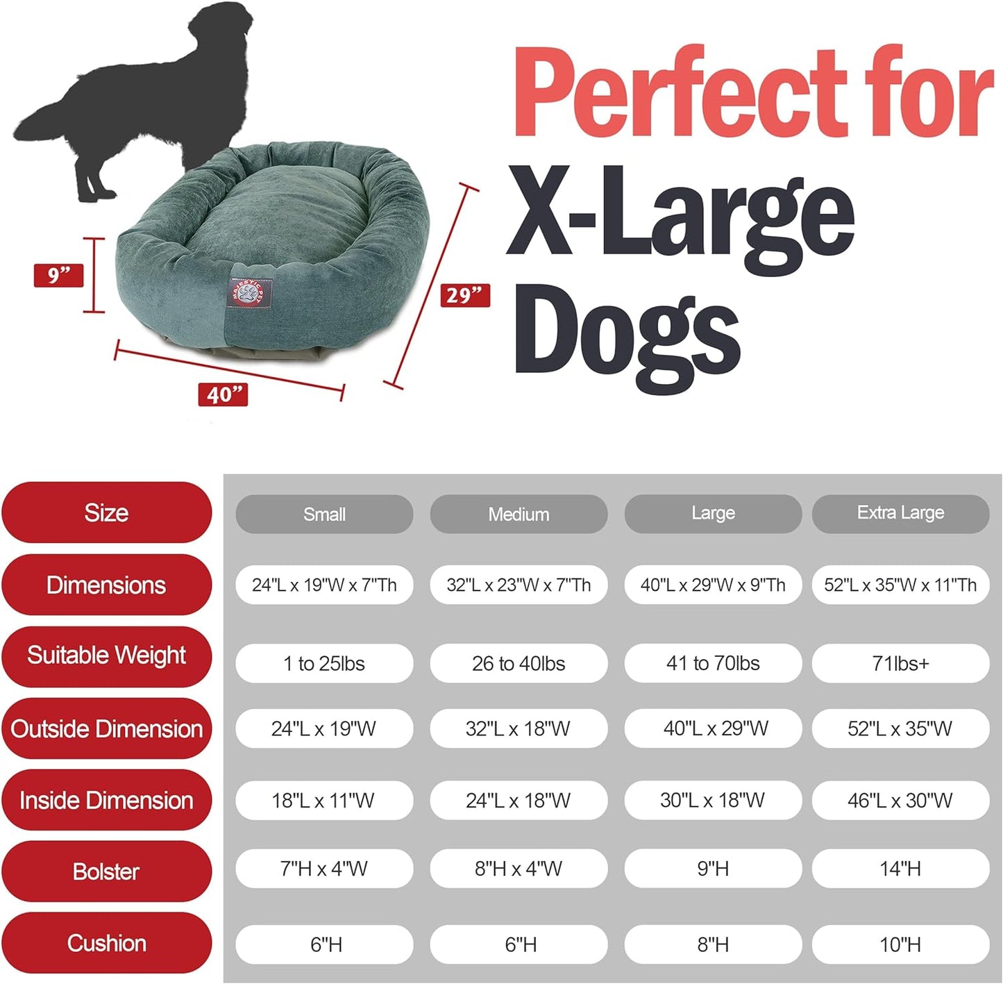 52 Inch Micro Velvet Calming Dog Bed Washable 52X35X11 (Inch) – Cozy Soft round Donut Dog Bed with Spine for Head Support - Pet Bed X- Large – Azure